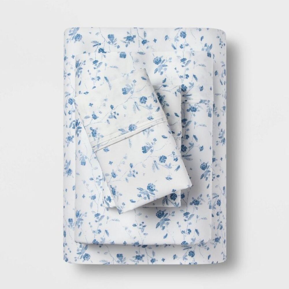 Queen Printed Performance 400TC Sheet Set - White/Blue Floral